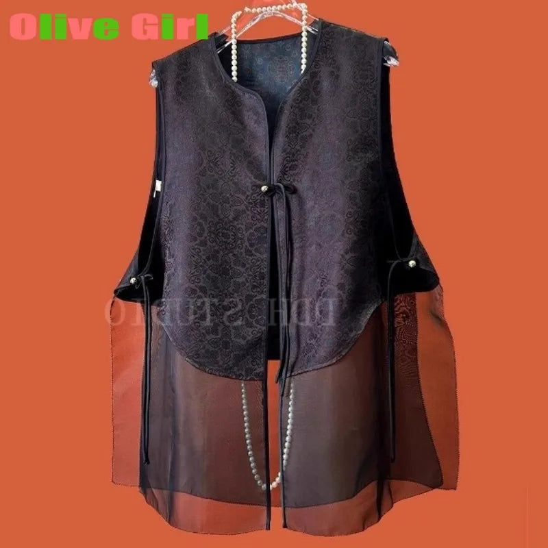 Silk Brocade Patchwork Organza Vest Retro Tassel Buckle Design Sense Top for Women's Vest High-end Elegant Girl's Clothing 2026