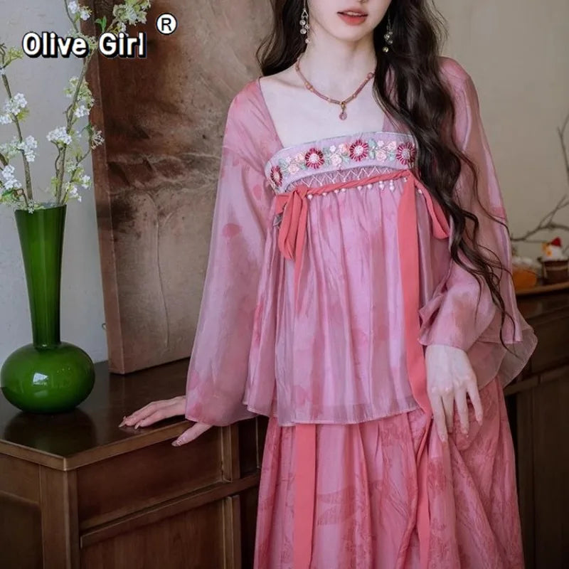 Olive Girl Pink Shirt Embroidery Blouse Chiffon Summer Top Sweet Elegant Pink Shirt Floral Print Women's Skirt Outfits Clothing