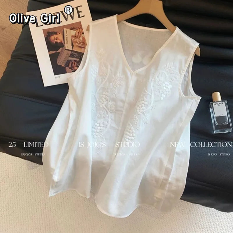 Olivegirl White Strappy Top Women's Shirt Embroidery V-Neck Linen Strappy Top Women's Summer 2026 Loose Fit Sleeveless Shirt