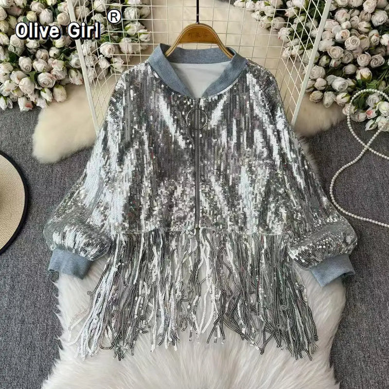 Olivegirl Europese American Sequined Tassel Coat Tops Dance Show Party Medium Loose Jacket High Street Women Clothing