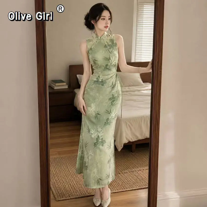 Romantic Green Cheongsam Dress Qipao 2026 Young Improved High-end China Chic Women's Clothing Chinese Style Bodycon Dress
