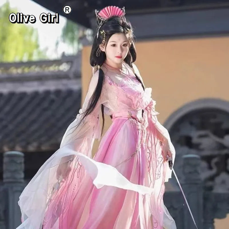 Olivegirl High-end Hanfu Pink Dress Embroidered Flowers Flowing Waist-Length Dresses Modified Fairy Tale Hanfu Women Cosplay