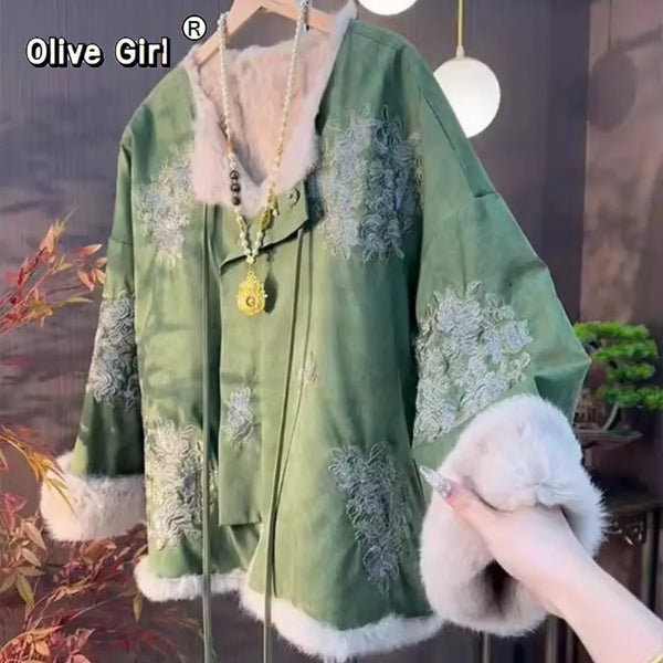 Thick Velvet Jacket Coat Cotton-padded Embroidered Green 2026 Winter Vintage Temperament High-end Exquisite Chinese Style