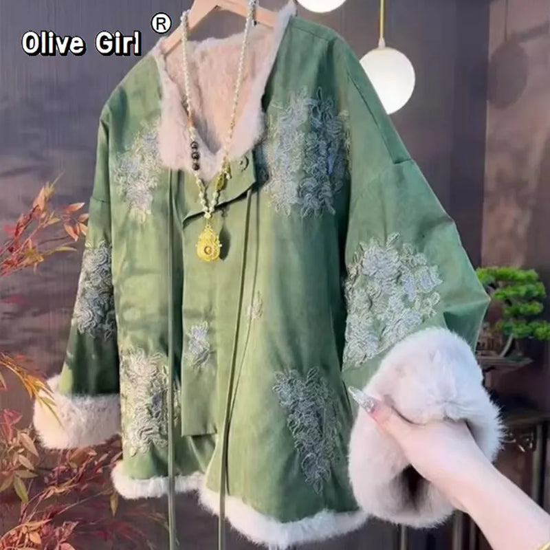 Thick Velvet Jacket Coat Cotton-padded Embroidered Green 2026 Winter Vintage Temperament High-end Exquisite Chinese Style