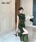 Olivegirl Ladies' Dress Sexy Chinese Dark Green Velvet Embroidered Improved Cheongsam Dress Women's Summer Hip Dress