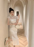 Olivegirl High-end Dress Delicate Lace Flared Sleeves Retro Patchwork Slimming High Slit Youthful Summer Women's Dress 2026