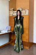 Olivegirl Inspired Bone Print Maxi Dress for Women Long Sleeves Fish Tail dress Flared Collar Waist-Cinching Hugging Style