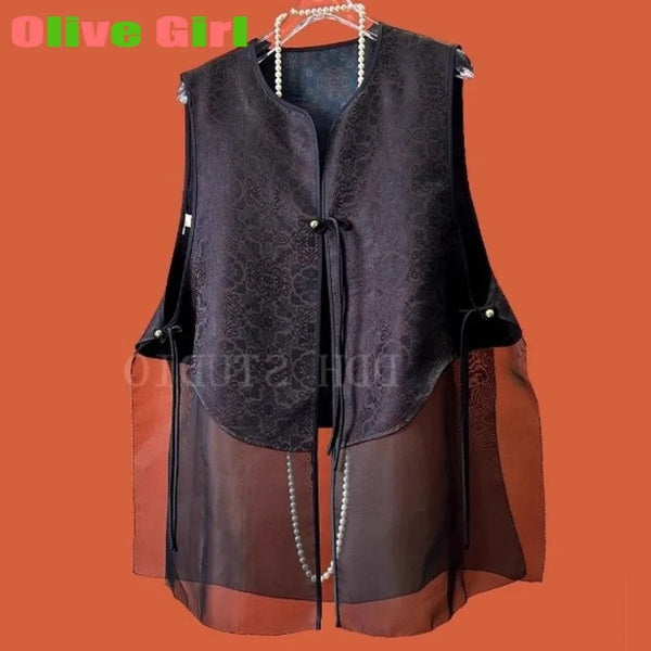 Silk Brocade Patchwork Organza Vest Retro Tassel Buckle Design Sense Top for Women's Vest High-end Elegant Girl's Clothing 2026