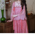 Olive Girl Pink Shirt Embroidery Blouse Chiffon Summer Top Sweet Elegant Pink Shirt Floral Print Women's Skirt Outfits Clothing