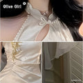Olivegirl 2026 Summer Women's Dress Elegant Phantom Sheer Wrap Jacquard Qipao Cheongsams Open-Back Cutout Embroidered Shawl Set