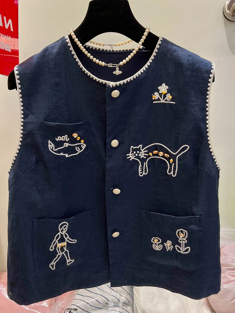 Olivegirl Fashion Retro Vest Top Sleeveless Shirt Navy Round-Neck Waistcoat Vest Summer 2026 High-End Loose Versatile Chic Top