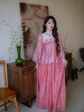 Olive Girl Pink Shirt Embroidery Blouse Chiffon Summer Top Sweet Elegant Pink Shirt Floral Print Women's Skirt Outfits Clothing