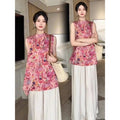 Olive Girl Top Oversized Women's Clothing Summer Large Size Chinese Traditional Jacquard Sleeveless Top Loose Wide Leg Pants