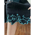 Olivegiel High Waist Cute Cartoon Cat Embroidery Denim Jean Women's Trouser Vintage Y2k Clothes Calf Length Denim Pants Harajuku