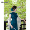 Olivegirl Chinese Peacock Blue Satin Jacquard Dress Qipao Women Summer 2026 Sexy Beautiful Tight Improved Cheongsam Dress