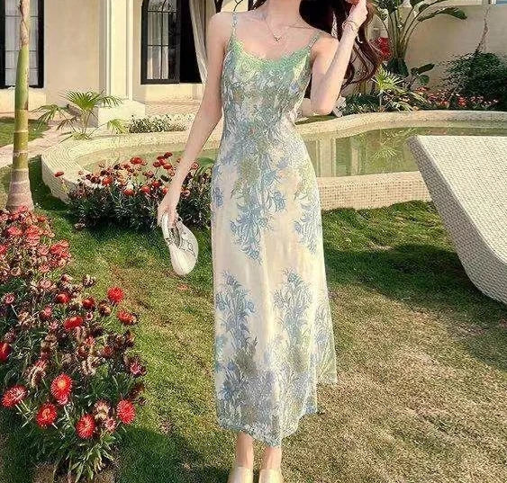 Olivegirl Sexy Camisole Dress Women's Clothing Lace Patchwork Print 2026 Summer French Elegant Vacation Dress Cardigan