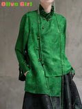 2025 Green Shirt Top Jacquard Fabric Elegant High End Petal Sleeves Chinese Traditional Clothing Women's Blouse Shirt Women
