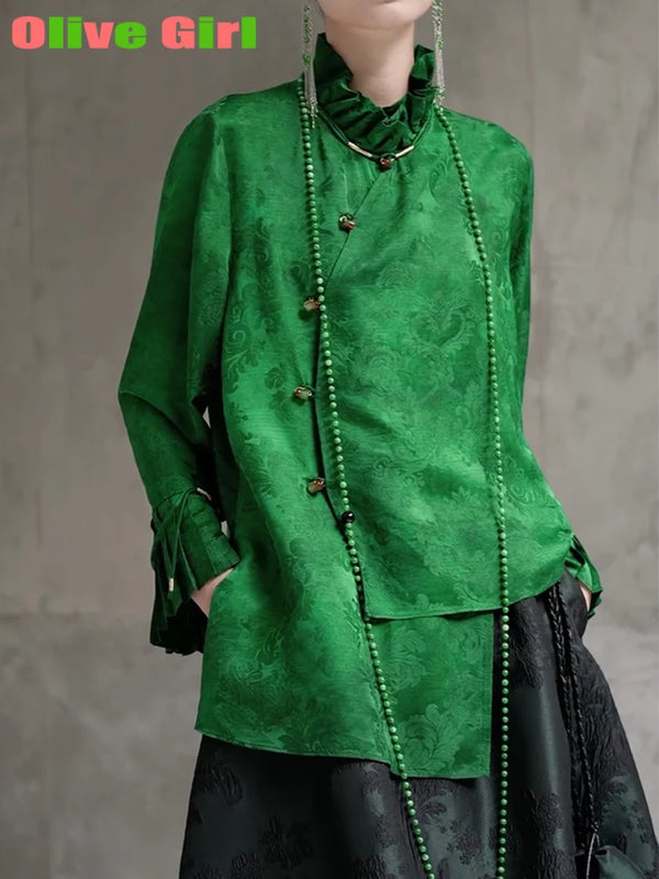2025 Green Shirt Top Jacquard Fabric Elegant High End Petal Sleeves Chinese Traditional Clothing Women's Blouse Shirt Women