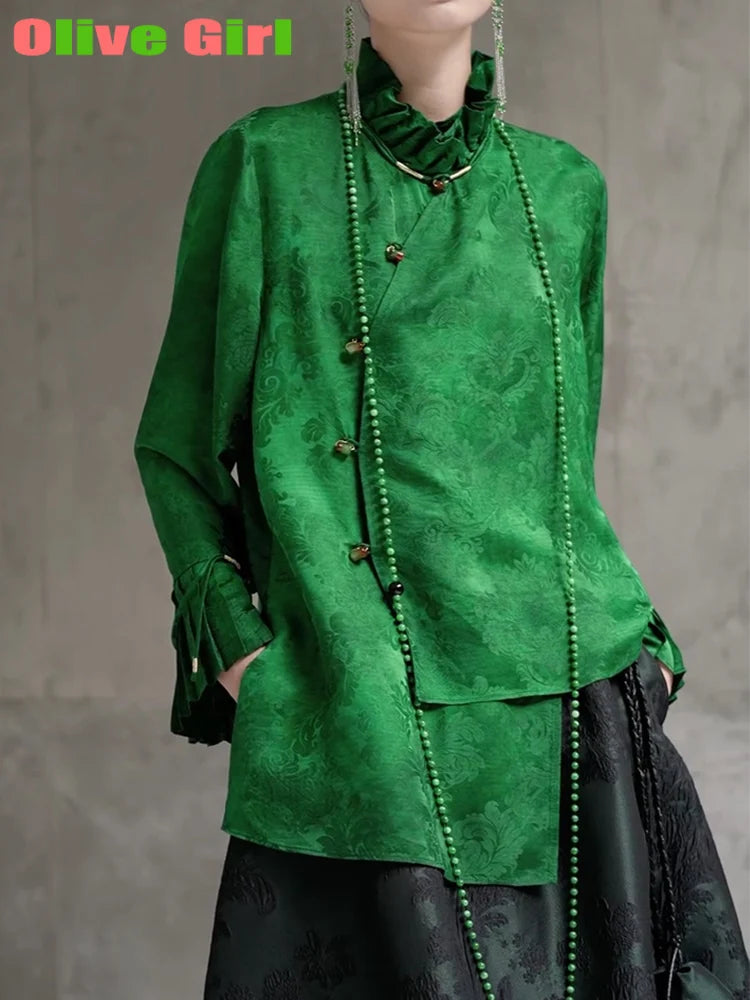 2025 Green Shirt Top Jacquard Fabric Elegant High End Petal Sleeves Chinese Traditional Clothing Women's Blouse Shirt Women