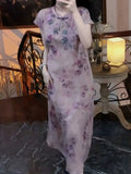 Embroidered Dress 2026 Purple Chinese Dress Qipao Printing Flower Slim Temperament Elegant Chinese Women Buckle Cheongsams