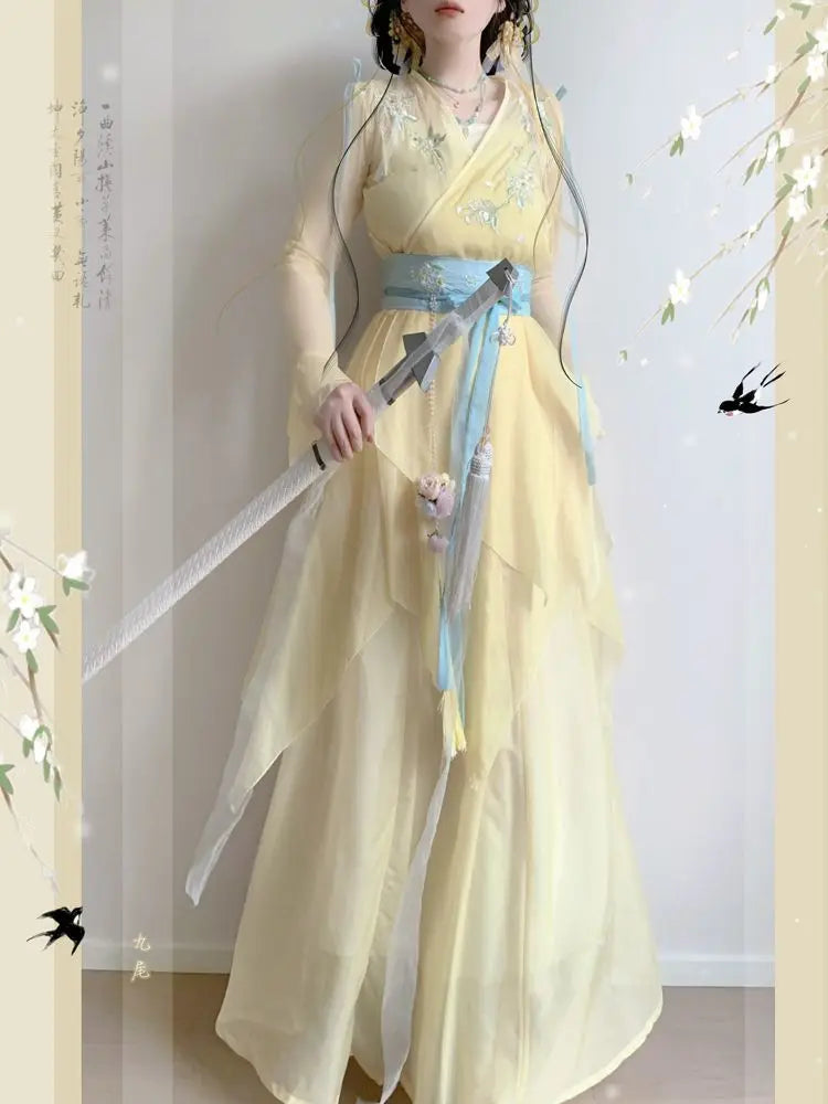 Olivegirl Hanfu Dress Embroidered Flower Chiffon Elegant Fairy Costume Original Long Style Daily Ancient Set Summer Cosplay