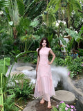 Olivegirl Pink Dress Chinese 3D Flower Cheongsam Qipao Women's Summer Plus Size Gentle and Elegant Mesh Fishtail Dress