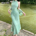 Olivegirl Sexy Dress Cheongsam Qipao 3D Flower Sleeveless Elastic Mesh Fabric Off Shoulder Purple Green Fish Tail Women's Dress