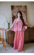 Olive Girl Pink Shirt Embroidery Blouse Chiffon Summer Top Sweet Elegant Pink Shirt Floral Print Women's Skirt Outfits Clothing