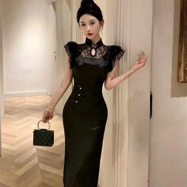 Olivegirl High-end Dress Delicate Lace Flared Sleeves Retro Patchwork Slimming High Slit Youthful Summer Women's Dress 2026