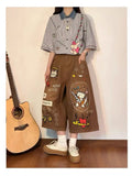 Olivegirl High End Cute Jean American Retro Pants Cartoon Embroidered Women's Seven Point Shorts Trousers Summer Wide Leg Pants