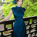 Olivegirl Chinese Peacock Blue Satin Jacquard Dress Qipao Women Summer 2026 Sexy Beautiful Tight Improved Cheongsam Dress