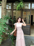 Olivegirl Pink Dress Chinese 3D Flower Cheongsam Qipao Women's Summer Plus Size Gentle and Elegant Mesh Fishtail Dress