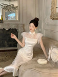 Olivegirl High-end Dress Delicate Lace Flared Sleeves Retro Patchwork Slimming High Slit Youthful Summer Women's Dress 2026