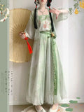 Olivegirl Hanfu Dresses Women's Song Style Green Short Shirt Flower Bud Pants Skirt Shorts Set Daily Summer Style