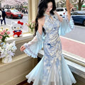 Olivegirl Summer Women's Dress Cheongsam Qipao Chinese Style Dyed Printed Gilded Gauze Improved Fishtail Dress Blue Cardigan