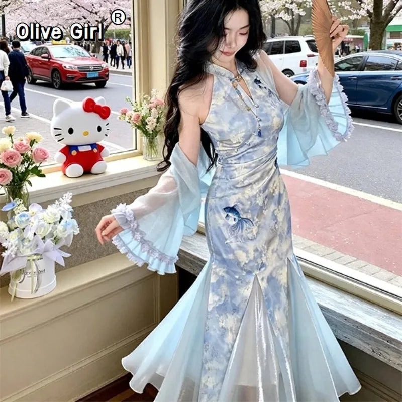 Olivegirl Summer Women's Dress Cheongsam Qipao Chinese Style Dyed Printed Gilded Gauze Improved Fishtail Dress Blue Cardigan
