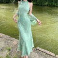 Olivegirl Sexy Dress Cheongsam Qipao 3D Flower Sleeveless Elastic Mesh Fabric Off Shoulder Purple Green Fish Tail Women's Dress