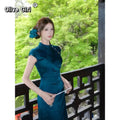 Olivegirl Chinese Peacock Blue Satin Jacquard Dress Qipao Women Summer 2026 Sexy Beautiful Tight Improved Cheongsam Dress
