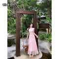 Olivegirl Pink Dress Chinese 3D Flower Cheongsam Qipao Women's Summer Plus Size Gentle and Elegant Mesh Fishtail Dress