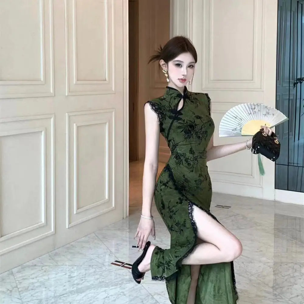 Olivegirl Ladies' Dress Sexy Chinese Dark Green Velvet Embroidered Improved Cheongsam Dress Women's Summer Hip Dress
