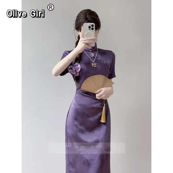 Olivegirl Chinese Purple Dress Cheongsam Qipao Young Style Elegant High-end Purple Waist Slim Dress Summer 2026