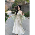 Green Cheongsam Elegant Cardigan Chinese Traditional Dress Qipao Chiffon Print Irregular Forest Dress Fairy Fashion Set