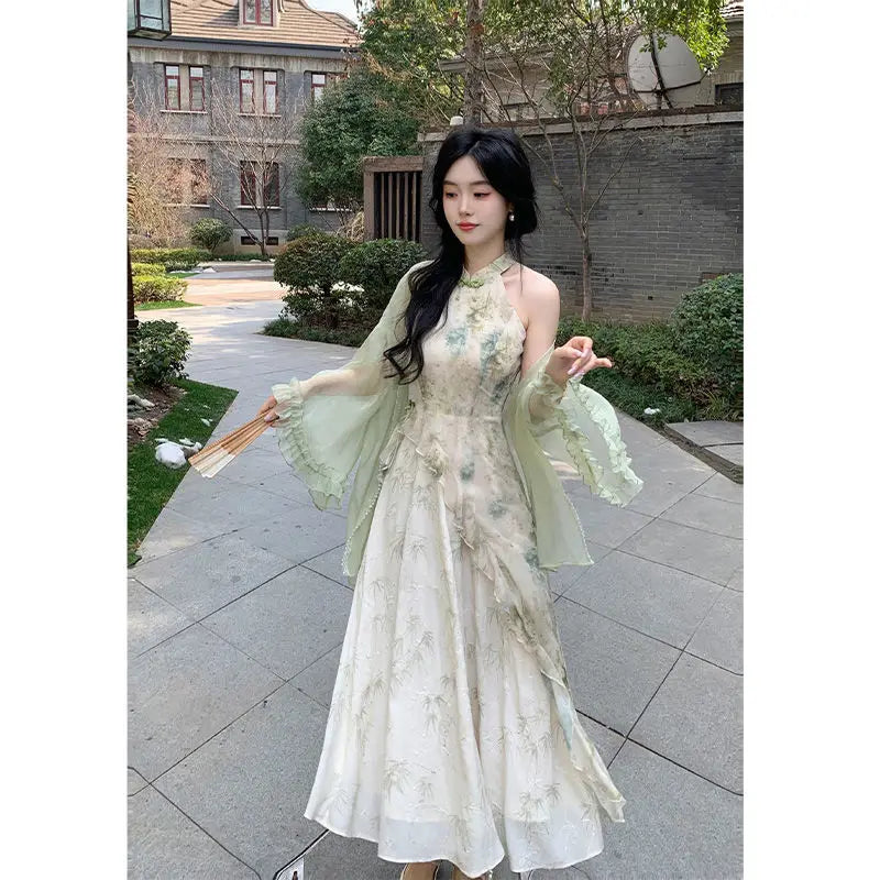 Green Cheongsam Elegant Cardigan Chinese Traditional Dress Qipao Chiffon Print Irregular Forest Dress Fairy Fashion Set