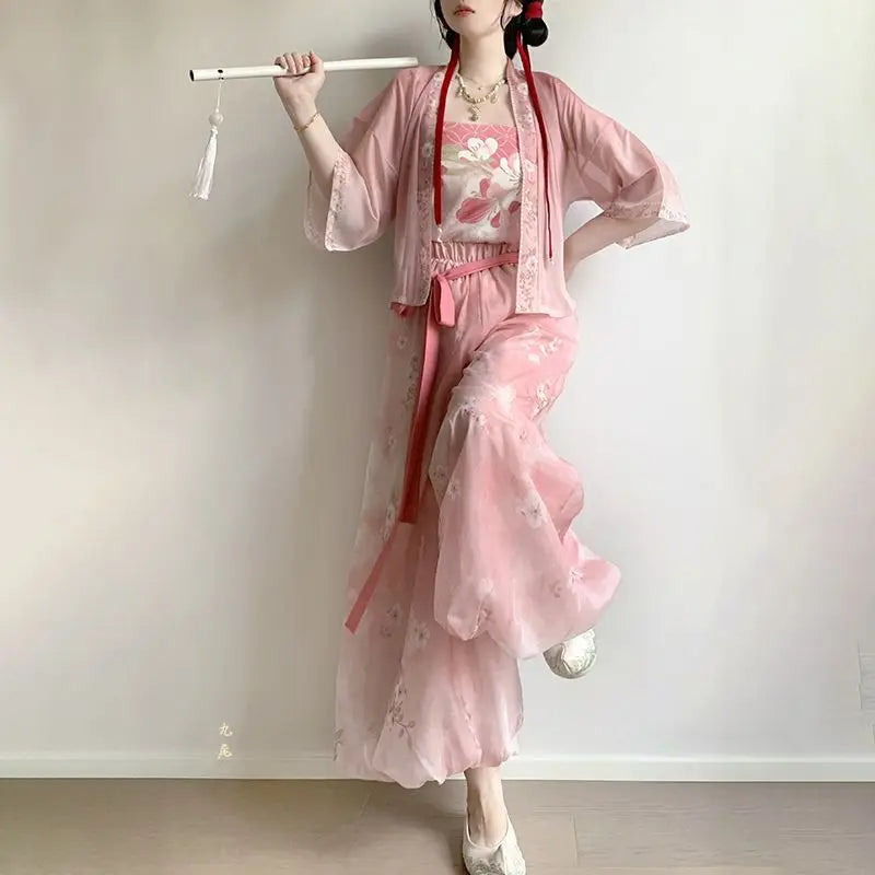 Olivegirl Hanfu Women's Song Style Short Shirt Flower Bud Pants Skirt Shorts Set Daily Summer Style
