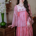 Olive Girl Pink Shirt Embroidery Blouse Chiffon Summer Top Sweet Elegant Pink Shirt Floral Print Women's Skirt Outfits Clothing