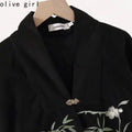 Embroidered Bamboo Rabbit Coat Shirt Spring Autumn 2025 Retro Chinese Traditional Versatile Black Jacket Top Women's Clothing