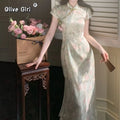 Olivegirl Cheongsam Dress Qipao Elegant Tulip Flower Lace Up Jacquard Floral Pattern Chinese Gentle and Elegant Long Dresses