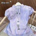 Qipao Top Green Tie Dye Lace Shirt Women's Summer Cheongsams Diagonal V-neck Short Sleeved Shirt Mesh Top Women Clothes