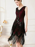 Olivegirl Women's Dress Banquet 2026 Retro V-neck Sleeveless Double Layer Tassel Dress Fashion Shining Nail Bead Party Gown