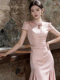Olivegirl Pink Dresses Jacquard Fish Tail Chinese Women's Clothing 2026 Summer Retro Elegant Qipao Butterfly Cheongsam